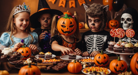 Children dressed in various halloween costumes gathered around a table filled with an assortment of festive candies, cupcakes, and pumpkin decorations, celebrating the holiday.の素材