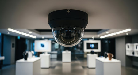 Black dome surveillance camera mounted on a light ceiling, providing security and monitoring in a modern commercial interior with display stands.の素材