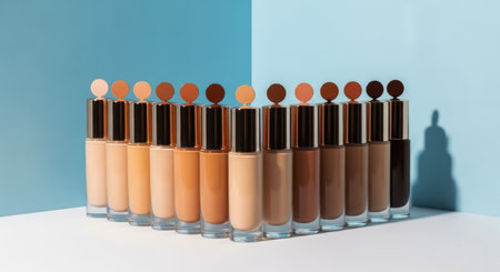 Liquid foundation bottles in a wide range of skin tones, from light to dark, arranged on a blue and white studio background. represents diversity and inclusivity in beauty products.の素材