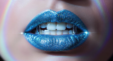 Woman mouth with iridescent blue glitter lipstick, revealing sharp vampire fangs. a bold and glamorous beauty concept.の素材