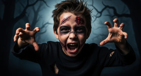 Young boy dressed as a zombie for halloween, featuring detailed stitched face makeup, dark eyes, and a tattered shirt. he poses with outstretched hands and a screaming expression, creating a spooky and eerie atmosphere.の素材