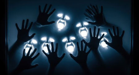 Ghostly glowing faces and hands pressed against a frosted glass surface in a dark, eerie setting. the illuminated features evoke a sense of fear, horror, and paranormal activity.の素材