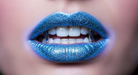 Close up of a woman mouth featuring vibrant blue glitter lipstick and sharp, elongated fangs, creating a striking fantasy or halloween aesthetic.の素材