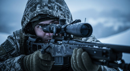 Military sniper in winter camouflage aims a long range rifle with an optical scope, positioned in a cold, snowy environment, ready for tactical operation.の素材