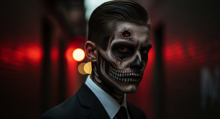 Young man in a suit with intricate skeletal face paint and slicked back hair, against a dark background with blurred red lights.の素材