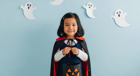 Smiling asian girl dressed in a vampire costume with fangs, holding a jack o lantern candy bucket against a blue wall with ghost decorations.の素材