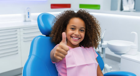 Happy young girl with curly hair smiles and gives a thumbs up in a blue dental chair, showcasing a positive dental experience.の素材