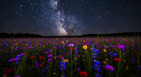 Expansive field of colorful wildflowers blooming under a dark night sky, illuminated by countless stars and the visible band of the milky way galaxy. serene natural landscape.の素材