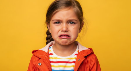 Young girl crying with tears on her face, expressing sadness or distress in a studio portrait against a yellow background.の素材