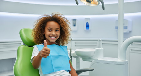 Smiling young girl with curly hair giving a thumbs up in a bright, modern dental office, symbolizing a positive and successful visit.の素材