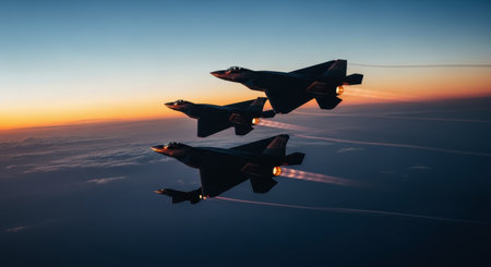 Three advanced stealth fighter jets fly in a tight formation high above the clouds, silhouetted against a vibrant sunset sky with engine afterburners glowing.の素材