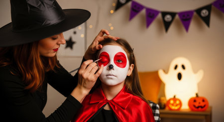 Woman in a witch hat applies spooky halloween face paint to a young girl face, featuring white base and red eye circles. festive ghost and pumpkin decorations are visible in the background.の素材