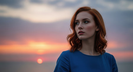 Red haired woman in a blue top stands thoughtfully against a vibrant sunset sky, looking towards the colorful horizon.の素材