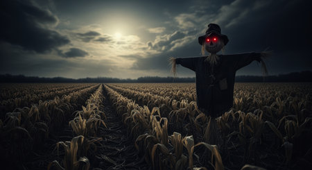 Ominous scarecrow with glowing red eyes stands in a vast, desolate cornfield under a stormy night sky, creating a spooky and mysterious atmosphere.の素材