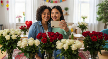 Smiling mother and adult daughter taking a selfie with a smartphone, surrounded by vases of red and white roses in a brightly decorated room.の素材