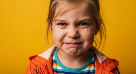 Young girl with tears streaming down her cheeks, expressing sadness or a dramatic crying emotion.の素材