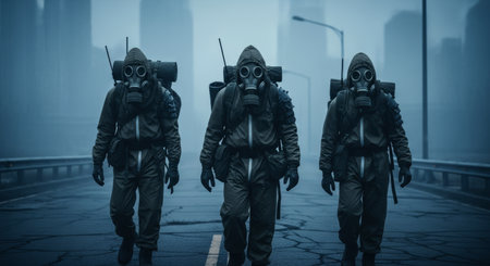 Three figures in protective hazmat suits and gas masks with backpacks walk on a cracked road in a desolate, foggy urban environment, depicting a post apocalyptic world.の素材