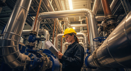 Female engineer in a yellow hard hat and dark workwear intently examining schematics amidst a complex network of industrial pipes and machinery in a factory setting.の素材