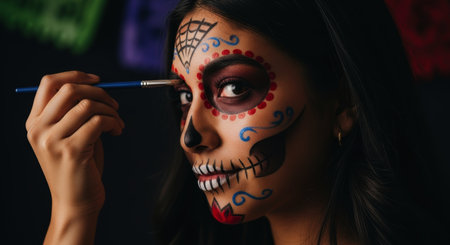 Young woman with intricate sugar skull makeup applying details with a brush, celebrating dia de los muertos.の素材