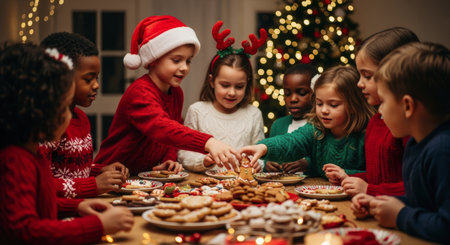 Multiethnic children decorating and enjoying christmas cookies and treats around a festive table, with a glowing christmas tree in the background, celebrating the holiday season.の素材