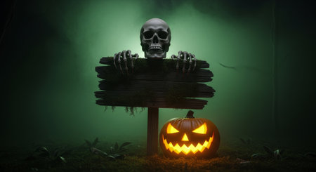 Skeletal skull and bony hands grip a rustic wooden sign, illuminated by a glowing jack o lantern in a misty, dark green setting, perfect for halloween.の素材