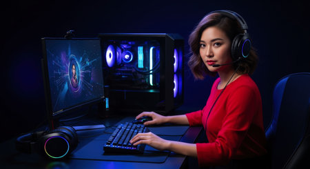 Young asian woman gamer wearing headphones with a microphone, sitting at a desk with a high performance desktop PC, monitor, keyboard, and mouse, immersed in online gaming.の素材
