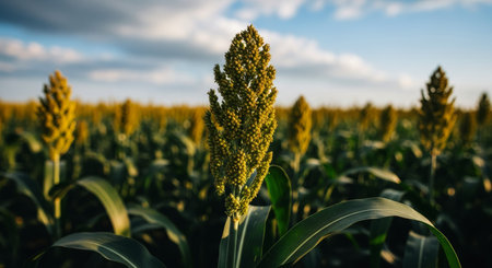 Vibrant green sorghum plant with a prominent golden grain head in sharp focus, set against a vast agricultural field under a blue sky.の素材