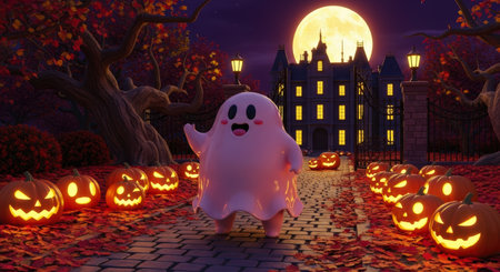 Pastel pink ghost stands on a path lined with glowing jack o lanterns, leading to a spooky haunted house under a bright full moon on halloween night.の素材