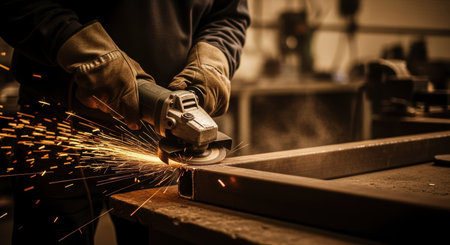Industrial worker wearing protective gloves uses an angle grinder to cut a metal beam, generating a shower of bright orange sparks in a dark workshop.の素材