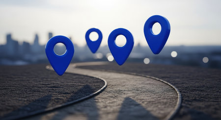 Blue 3D map pin icons floating over a winding dirt path, leading towards a blurred city skyline. represents navigation, journey, and destination.の素材