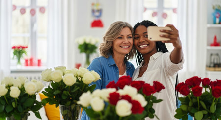 Smiling mother and adult daughter taking a selfie with a smartphone, surrounded by vibrant red and white roses in a bright indoor setting, celebrating family bond.の素材