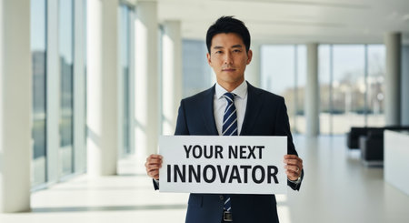 Asian businessman in a suit holding a white sign with YOUR NEXT INNOVATOR text, standing in a bright, modern office building.の素材