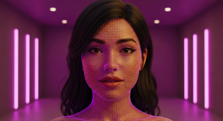 Woman face with a digital wireframe grid overlay, representing artificial intelligence, data, and future technology in a purple neon lit environment.の素材