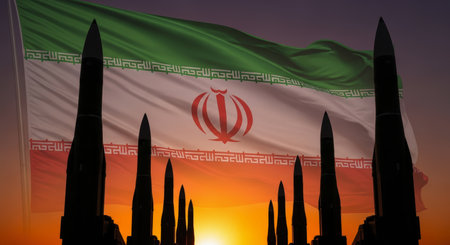 Silhouettes of multiple ballistic missiles stand tall against the waving iranian flag and a dramatic sunset sky, symbolizing military strength, defense, and geopolitical tensions.の素材