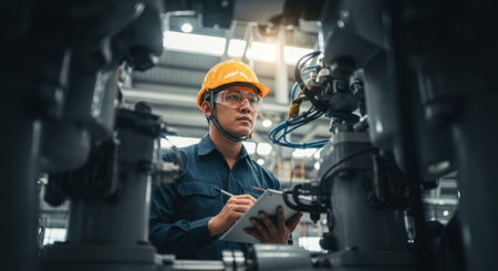Male engineer wearing a hard hat and safety glasses meticulously inspects complex industrial machinery in a factory setting, holding a clipboard.の素材