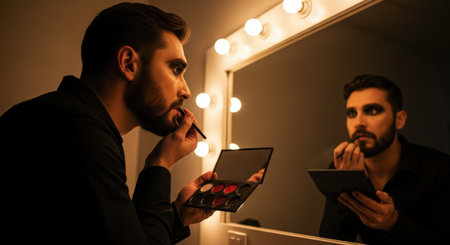 Male actor applying theatrical makeup to his lips with a brush, holding a palette in a dressing room with an illuminated vanity mirror, preparing for a show.の素材