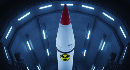 Massive white missile with a red tip and a prominent nuclear radiation symbol stands vertically in a dark, futuristic underground launch silo illuminated by blue lights. represents power, defense, and potential danger.の素材