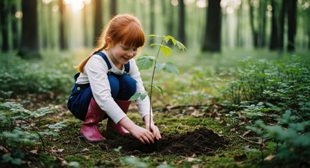 Young girl planting a small sapling in a lush green forest, symbolizing environmental care, sustainability, and future growth. soft light illuminates the scene.の素材