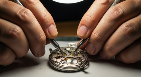 Watchmaker hands precisely assembling the intricate gears and springs of a mechanical watch movement with specialized tools, showcasing craftsmanship and detail.の素材