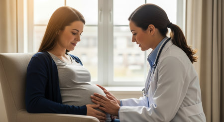 Pregnant woman sitting in a chair, receiving a prenatal check up from a female doctor who is gently touching her belly. focus on maternal care and medical support.の素材