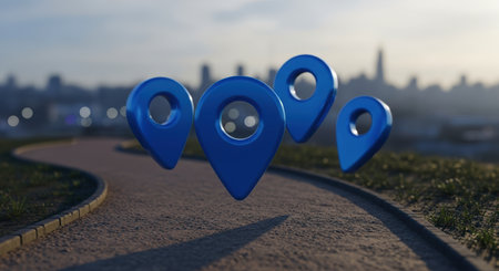 Four glossy blue 3D map pin icons floating above a winding dirt path, with a blurred city skyline in the background, representing location, navigation, and travel.の素材