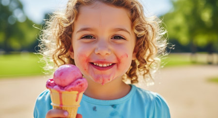 Young girl with curly blonde hair and a messy face from melting pink ice cream, smiling happily outdoors on a sunny day.の素材