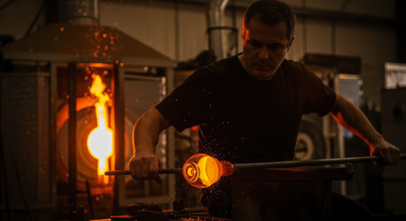 Glassblower shaping molten glass on a punty rod in a dark, fiery workshop, with a glowing furnace in the background, showcasing traditional craftsmanship and artistry.の素材