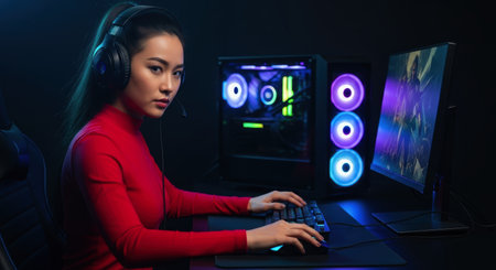 Asian woman gamer in a red shirt and headset, intensely playing a video game on a powerful desktop PC with glowing RGB lights and a large monitor.の素材