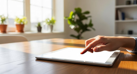 Woman hand tapping on a blank white screen tablet resting on a wooden desk. bright sunlit room with plants in the background, ideal for technology, communication, and home concepts.の素材