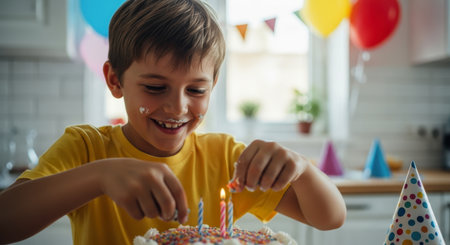 Smiling young boy with frosting on his face, happily decorating a birthday cake with colorful sprinkles and lit candles, surrounded by party decorations.の素材