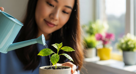 Young asian woman watering a small green plant in a ceramic pot with a blue watering can, fostering growth and new life at home.の素材