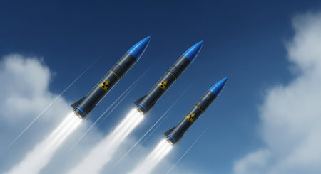 Three stylized nuclear missiles with hazard symbols ascending diagonally against a blue sky. represents global conflict, military power, and potential threat.の素材