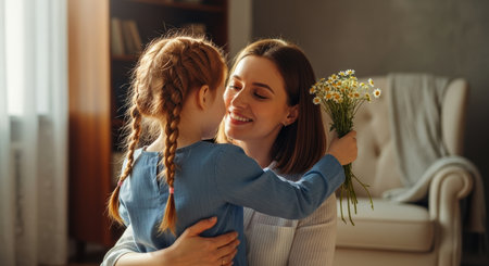 Happy mother embracing her young daughter, who holds a surprise bouquet of daisies behind her back in a warm, sunlit home setting, symbolizing love and family bonding.の素材