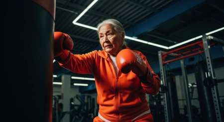 Senior woman in an orange tracksuit and red boxing gloves powerfully hitting a punching bag in a gym, demonstrating strength and active lifestyle.の素材